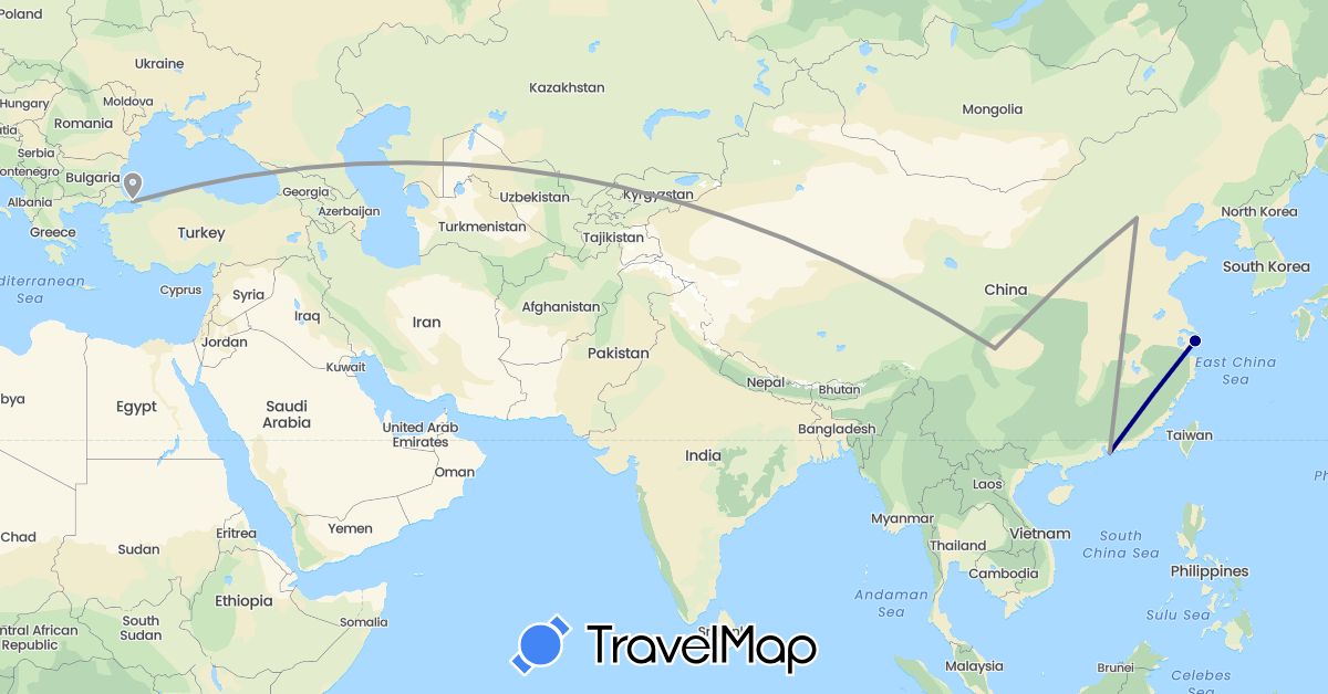 TravelMap itinerary: driving, plane in China, Turkey (Asia)